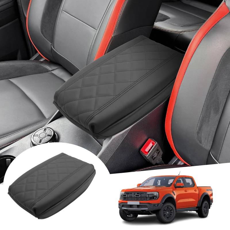 GAFAT Kompatibel mit Neu Ford Ranger T9 2023 2024 2025 (Elektronische Bremse) Mittelarmlehne Abdeckung, Ranger Raptor Wildtrak Mittelkonsole, PU leder, 4 CM Erhöht Verdickt Müdigkeit lindern von GAFAT