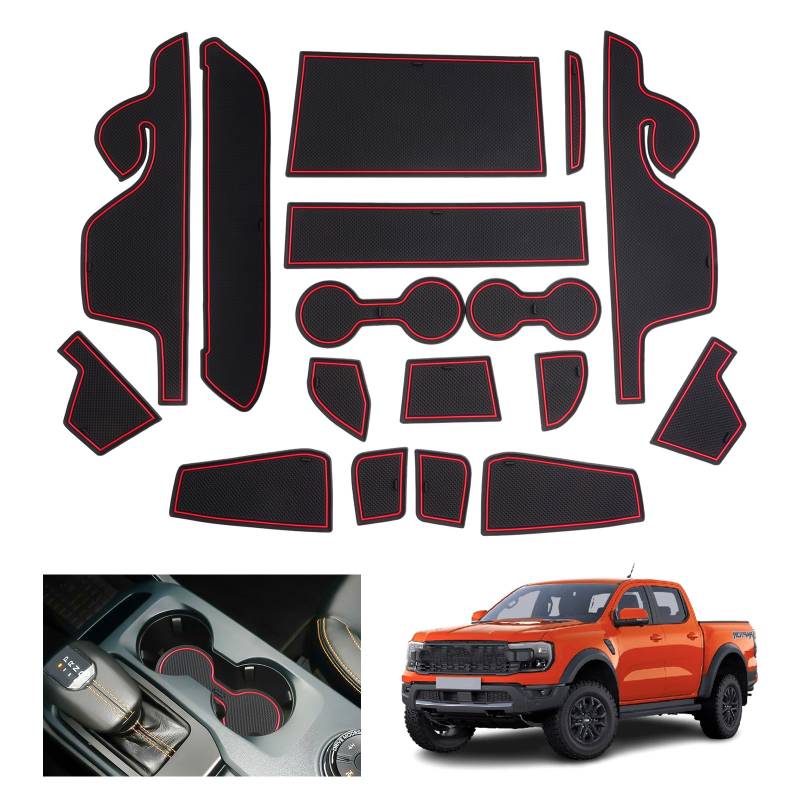 GAFAT Kompatibel mit Neu Ford Ranger T9 2023 2024 (Elektronische Bremse) Antirutschmatten, Ranger Raptor Wildtrak Gummimatten rutschfest Non-Slip, Mittelkonsole Türnaht, Ranger 2024 Zubehör (Rot) von GAFAT