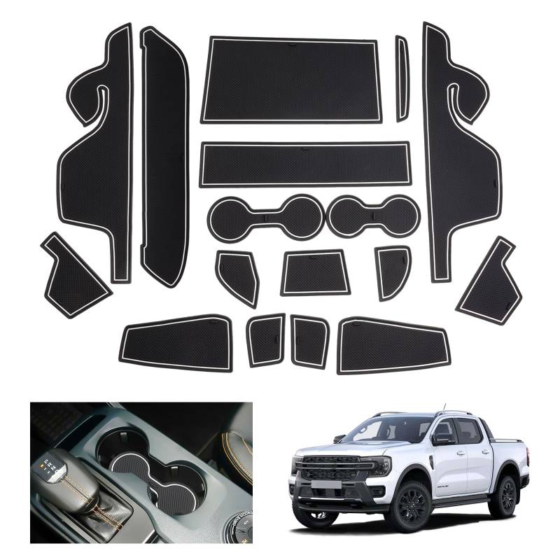 GAFAT Kompatibel mit Neu Ford Ranger T9 2023 2024 2025 (Elektronische Bremse) Antirutschmatten, Ranger Raptor Wildtrak Gummimatten Non-Slip, Mittelkonsole Türnaht, Ranger 2024 Zubehör (Weiß) von GAFAT
