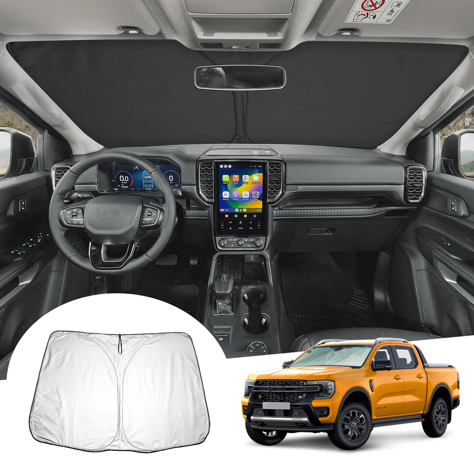 GAFAT Kompatibel mit Neu Ford Ranger T9 2023 2024 Sonnenschutz Frontscheibe Innen, Ranger T9 Raptor Wildtrak XLT Windschutzscheibe Sonnenschirm Sonnenblende, Abkühlung, UV Schutz von GAFAT