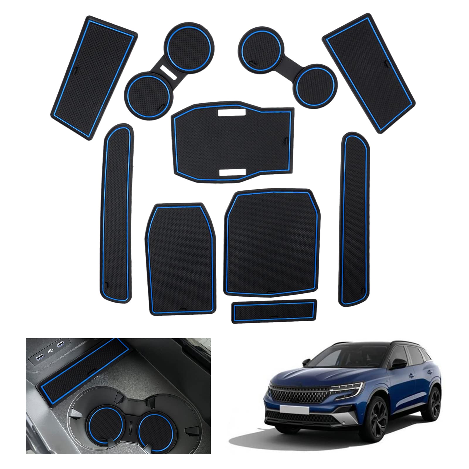 GAFAT Kompatibel mit Renault Austral E-Tech Hybrid (Automatikgetriebe) 2023 2024 2025 Antirutschmatten, Austral 2025 Gummimatten, Mittelkonsole Matten, Türnaht Matten, Austral Zubehör (Blau) von GAFAT