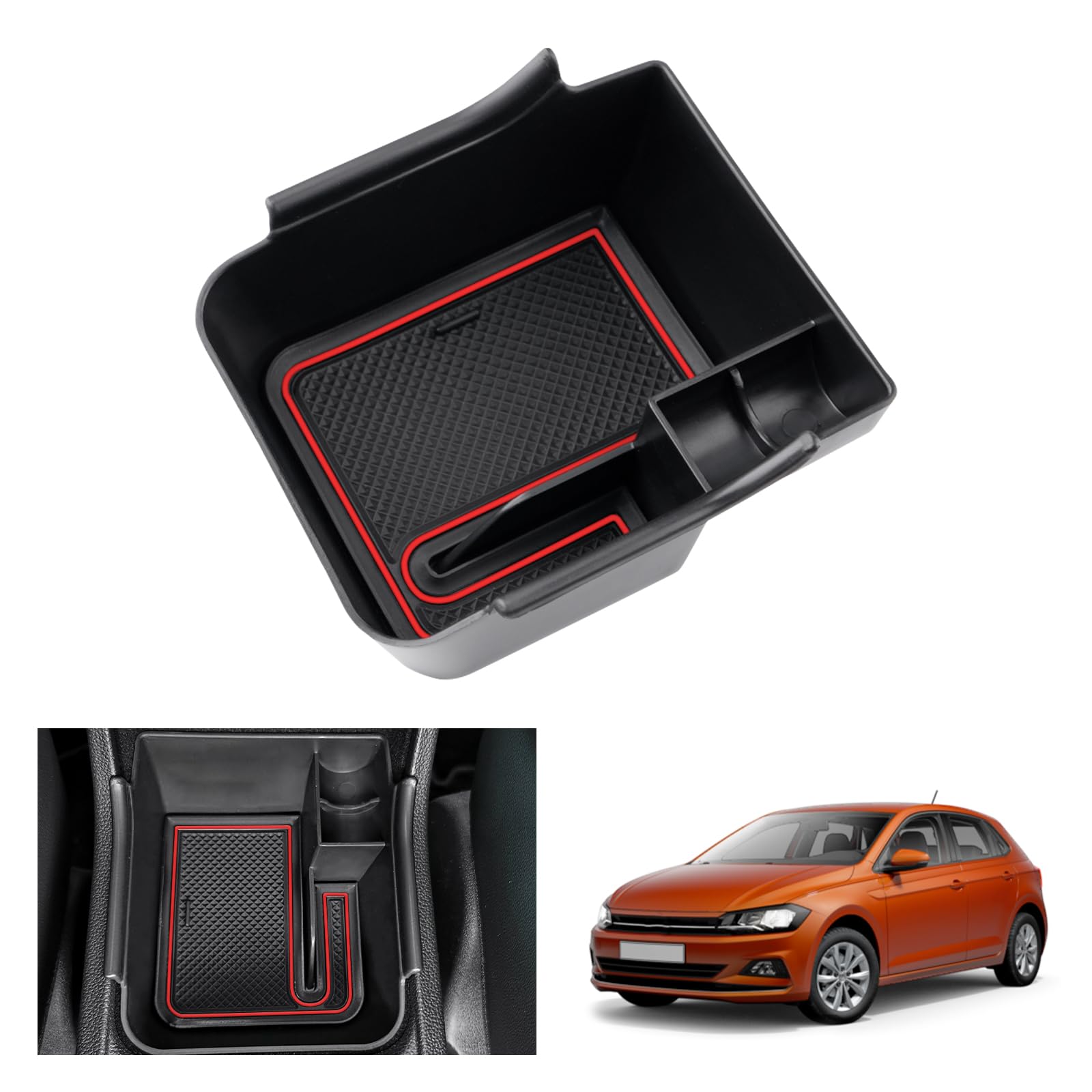 GAFAT Kompatibel mit VW Polo MK6/ Taigo/Nivus 2018-2023 2024 Mittelkonsole Aufbewahrungsbox, Polo 6 Armlehne Organizer Tray Handschuhfach, Taigo Zubehör (Rot) von GAFAT