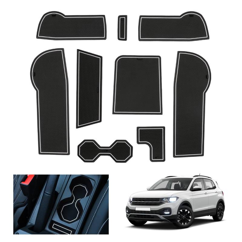GAFAT Kompatibel mit VW T-Cross 2018-2024 2025 Antirutschmatten, T Cross R-Line SE Gummimatten rutschfest Non-Slip, Mittelkonsole Matten, Aufbewahrungsbox Matten, Türnaht Matten (Weiß) von GAFAT