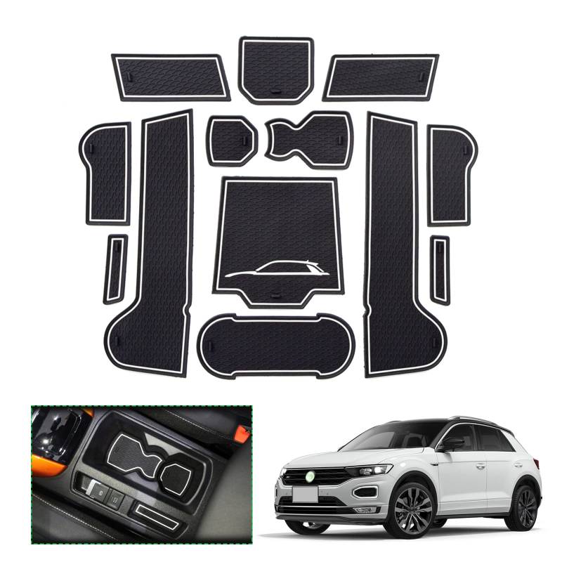 GAFAT Kompatibel mit VW T-ROC Antirutschmatten, 2017-2024 2025 T-R0C Gummimatten für Mittelkonsole, Organizer-Tablett, Handschuhfach, Türschlitze (Weiß) von GAFAT