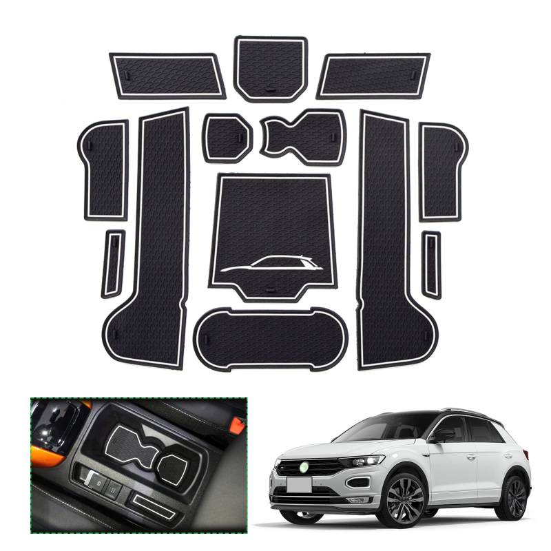 GAFAT Kompatibel mit VW T-ROC Antirutschmatten, 2017-2022 2023 T-R0C Gummimatten für Mittelkonsole, Organizer-Tablett, Handschuhfach, Türschlitze (Weiß) von GAFAT