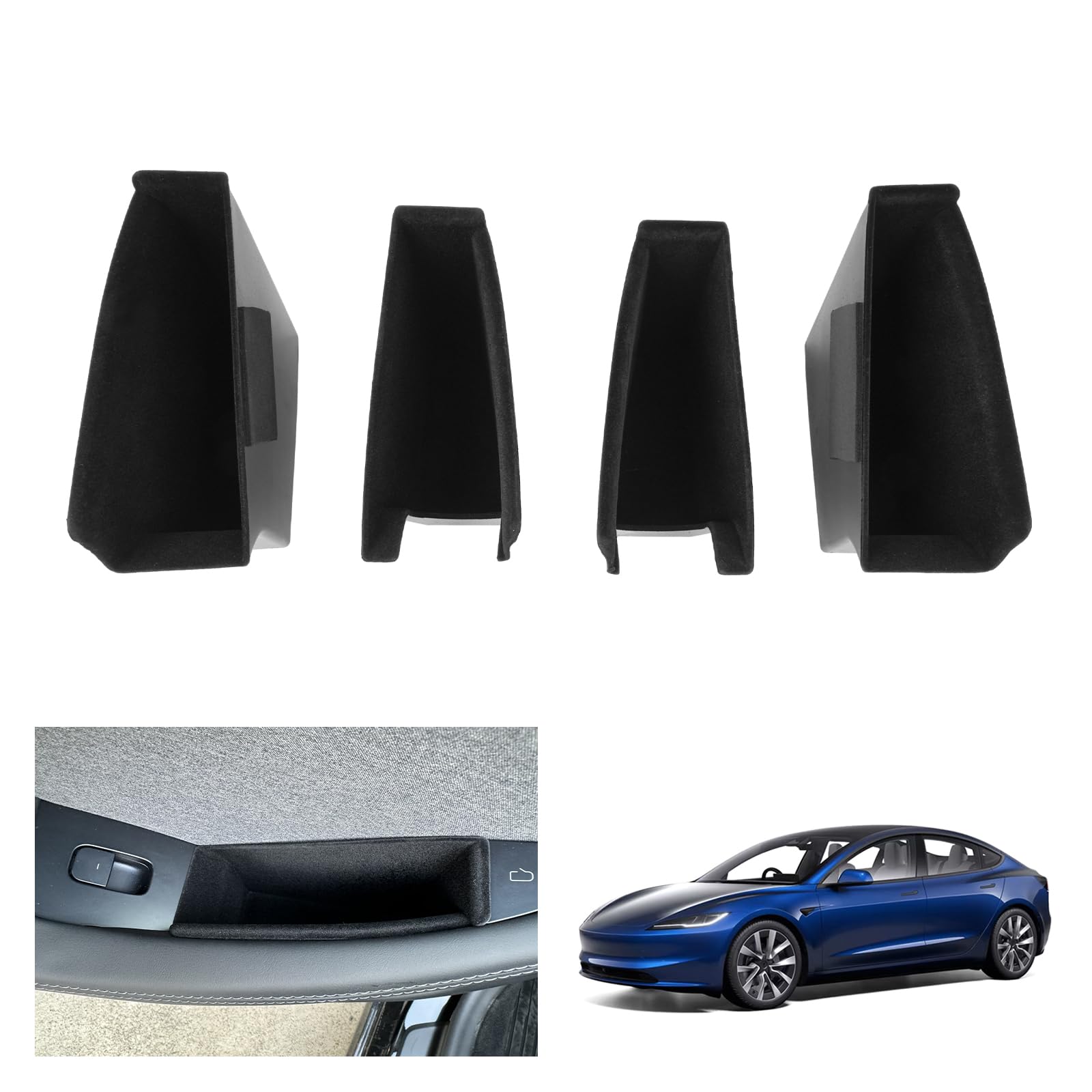 GAFAT Neu Tesla Model 3 2024 2025 Aufbewahrungsbox, Tesla Model 3 Highland 2024 Mittelkonsole Ablagen Organizer Tray für Türschnalle, aus Flockung, Tesla Model 3 Zubehör (Haustür & Hintertür 4 Stück) von GAFAT