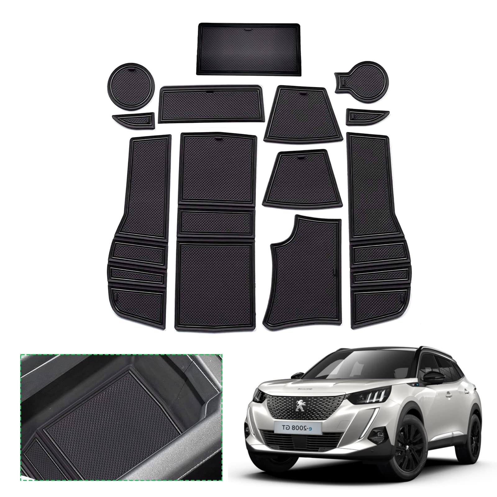 GAFAT Peugeot 2008 e-2008 Restyling 2020-2024 2025 Antirutschmatten, Auto Mittelkonsole Gummimatten, Getränkehalter Matte, Aufbewahrungsbox rutschfeste Matte, Türnaht rutschfeste Matten (Schwarz) von GAFAT