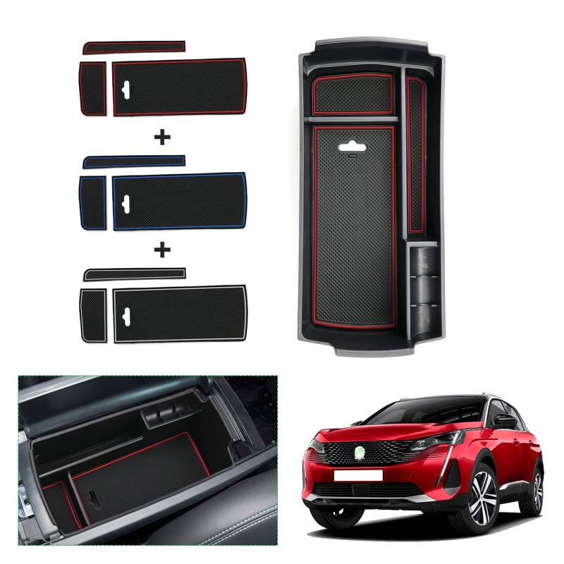 GAFAT Kompatibel mit Peugeot 3008 5008 GT 2016-2022 2023 Mittelkonsole Aufbewahrungsbox, Armlehne Tray Organizer Mittelarmlehne Handschuhfach (Rot) von GAFAT