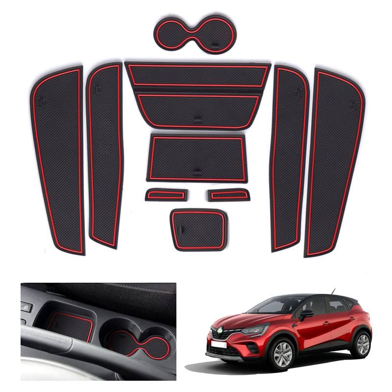 GAFAT Renaul-t Captur 1 (Automatikgetriebe) 2013-2018 Antirutschmatten, Captur 1 Gummimatten, Mittelkonsole Becherhalter Matten, Türnaht Matten, Kompatibel mit Renault Captur 1 (Rot) von GAFAT