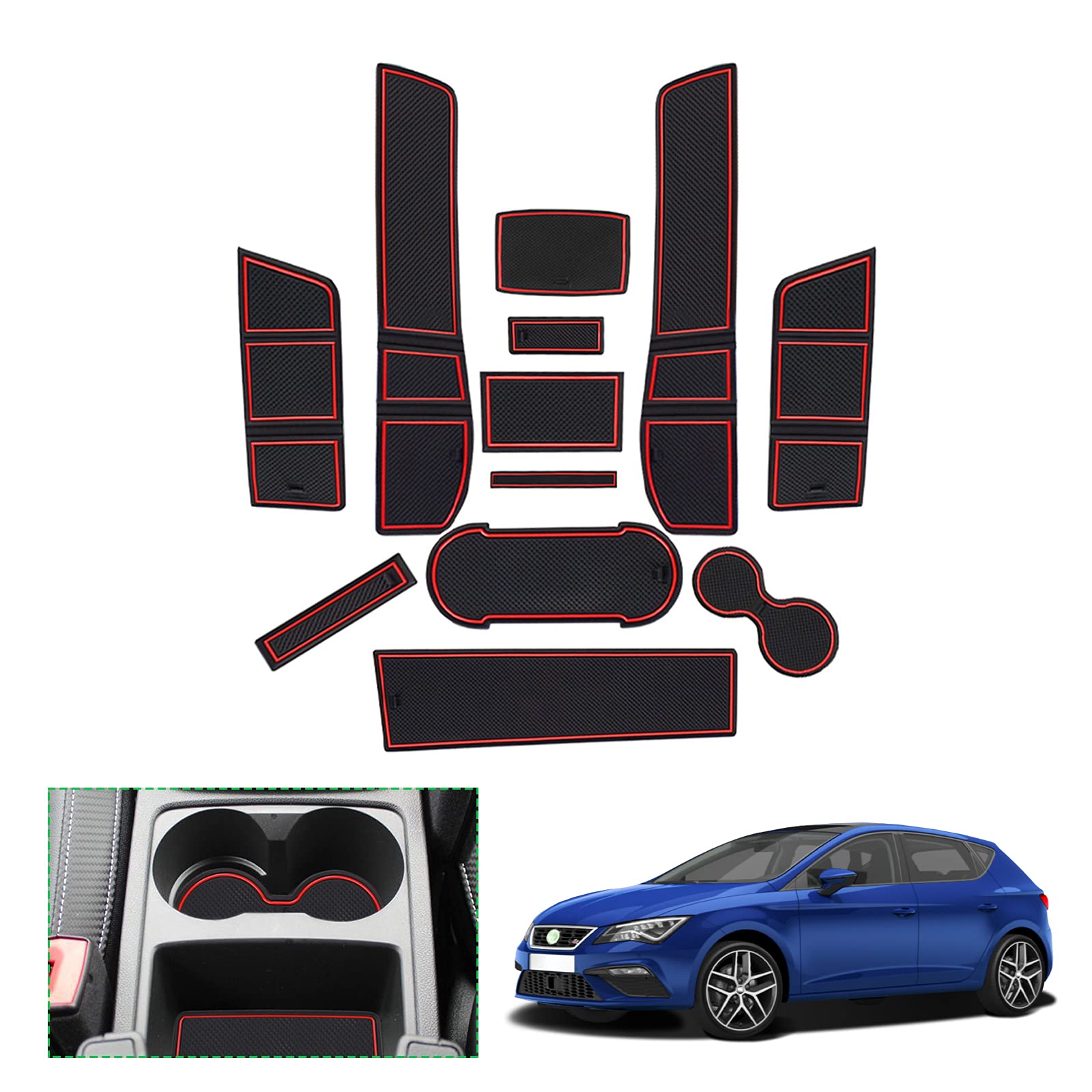 GAFAT Seat Leon Cupra Leon 5F FR ST 5D MK3 2017 2018 2019 Antirutschmatten, Seat Leon MK3 Gummimatten für Mittelkonsole Armlehne, Getränkehalter, Türnaht (Rot) von GAFAT