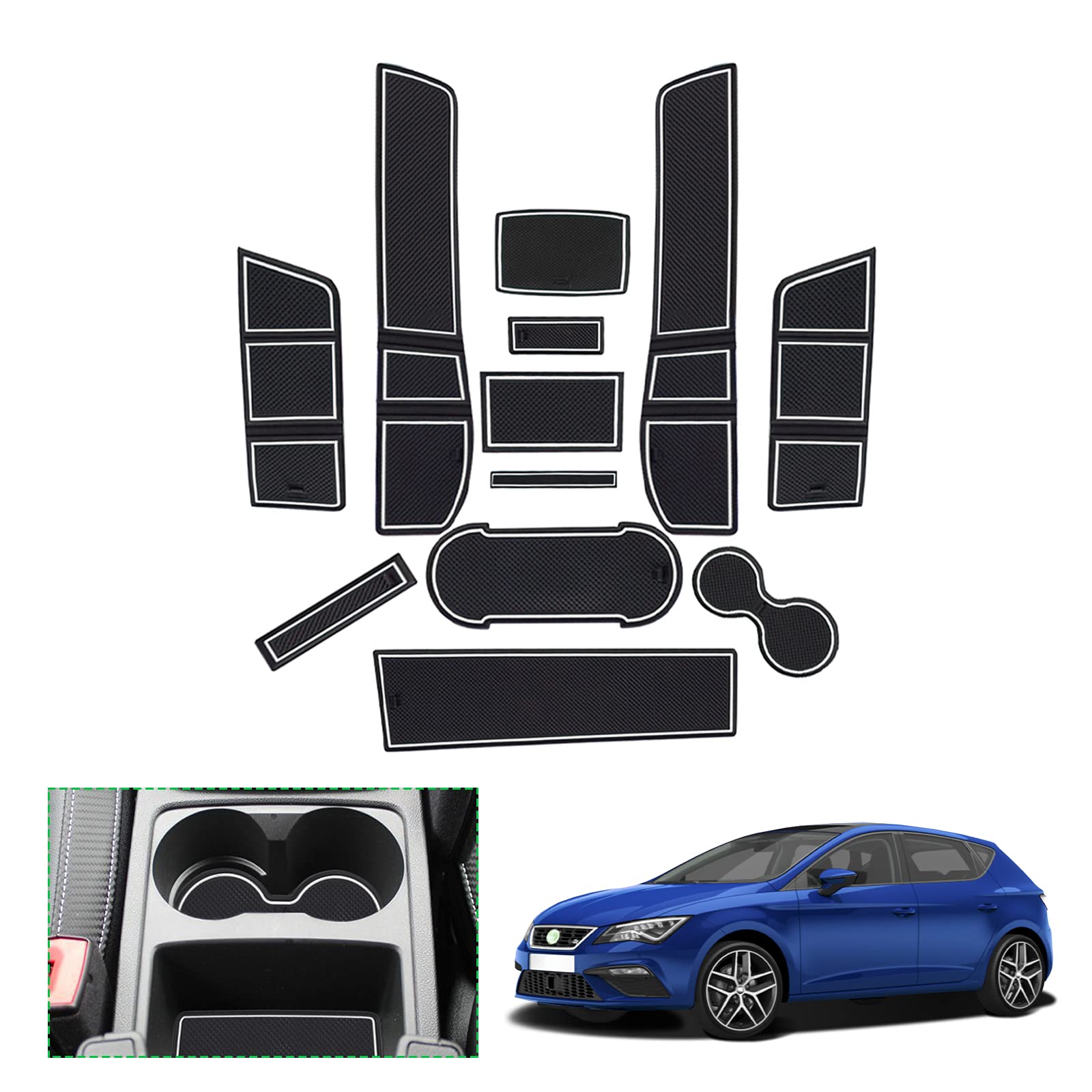 GAFAT Seat Leon Cupra Leon 5F FR ST 5D MK3 2017 2018 2019 Antirutschmatten, Seat Leon MK3 Gummimatten für Mittelkonsole Armlehne, Getränkehalter, Türnaht (Weiß) von GAFAT