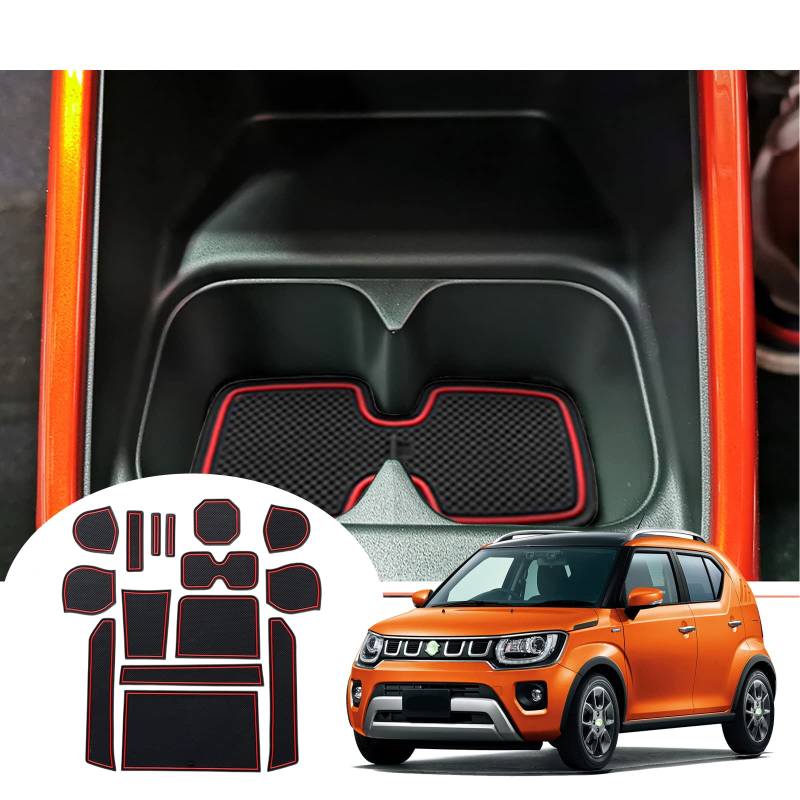 GAFAT Suzuki Ignis 2017-2024 2025 Antirutschmatten, Auto Mittelkonsole Gummimatten, Getränkehalter Matte, Aufbewahrungsbox rutschfeste Matte, Türnaht rutschfeste Matten, 15 Stück (Rot) von GAFAT