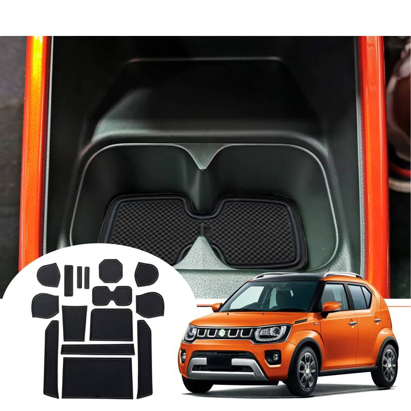 GAFAT Suzuki Ignis 2017-2024 2025 Antirutschmatten, Auto Mittelkonsole Gummimatten, Getränkehalter Matte, Aufbewahrungsbox rutschfeste Matte, Türnaht rutschfeste Matten, 15 Stück (Schwarz) von GAFAT