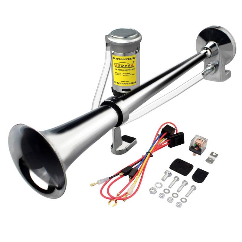 GAMPRO 12V 150db lkw hupe, Chrom Zink Dual Trompete Air Horn mit Kompressor für alle 12V Fahrzeuge LKW Lörries Züge Boote Cars Vans (weiß), Autos 12V von GAMPRO