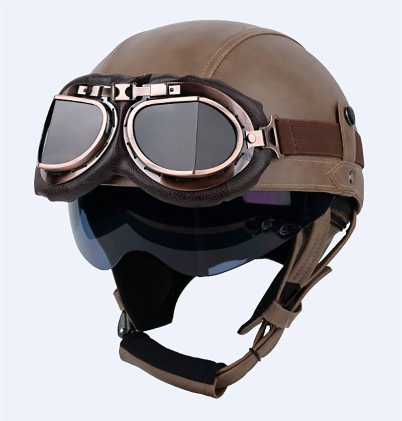 Vintage-Jethelm mit Schutzbrille für Erwachsene, Männer und Frauen, mit verstellbarem Schnellverschluss, Motorradhelm, ECE-geprüft von GAOZCTT