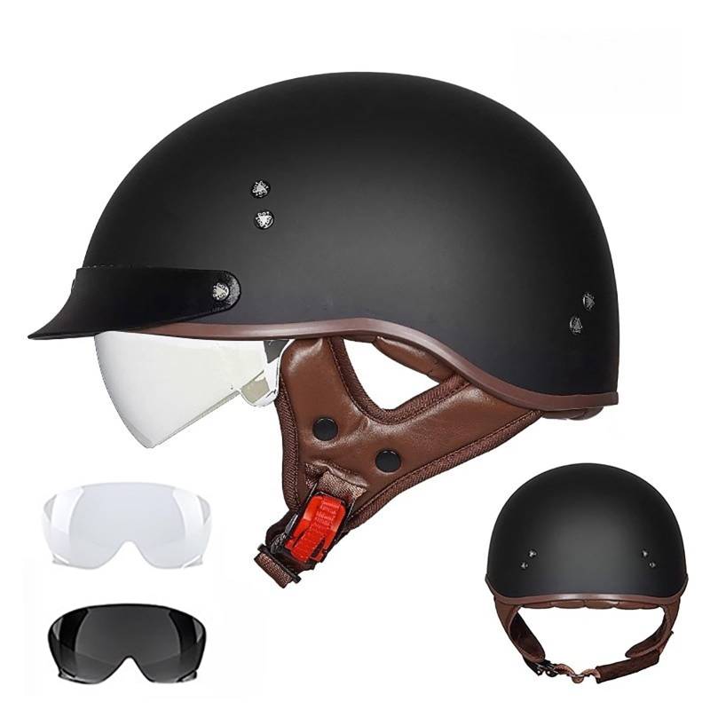Retro-Halbschalen-Motorradhelm Offener Helm Mit Visier Jethelm Für Den Stadtverkehr Roller- Und Mopedhelm Für Erwachsene Männer Und Frauen A,M(54-56CM) von GAOZITAIGZ