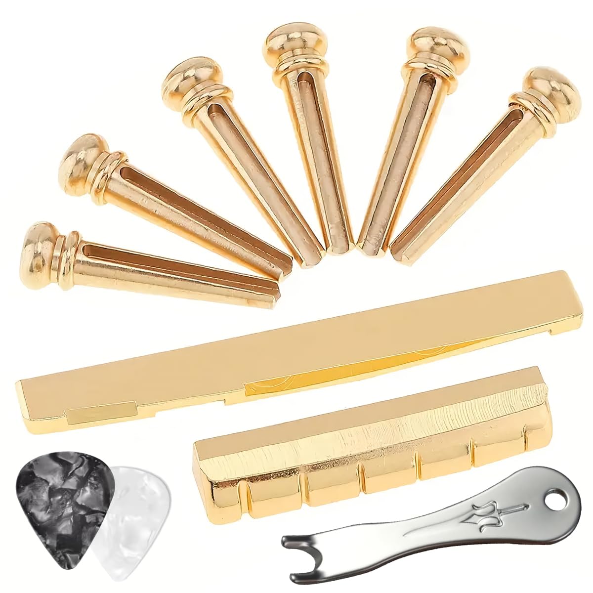 GATSUZG 6 Stück Gitarrensteg Pins Zinklegierung vergoldet Akustikgitarre Brücke Pins Set Ersatz Zubehör für 6-saitige Akustikgitarren, mit Sattel, Mutter, Gitarre Pins Puller, Guitar Pick GATSUZG 6 Stück Gitarrensteg Pins Zinklegierung vergoldet Akustikgitarre Brücke Pins Set Ersatz Zubehör für 6-saitige Akustikgitarren, mit Sattel, Mutter, Gitarre Pins Puller, Guitar Pick von GATSUZG
