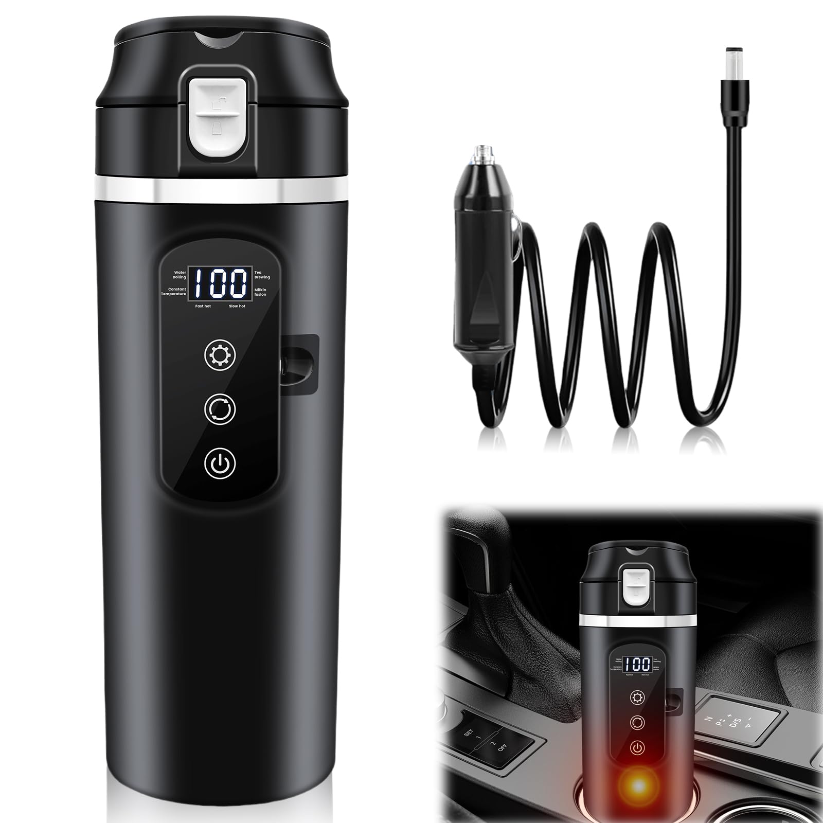 GBKDQQ Wasserkocher für Auto, 12V/24V Elektrischer Wasserkocher 500ml Fahrzeug Beheizter Wasserkocher Reise Wasserkocher Temperatur Regelbar Auto-Heizbecher mit LCD-Display für Auto LKW Reise Camping GBKDQQ Wasserkocher für Auto, 12V/24V Elektrischer Wasserkocher 500ml Fahrzeug Beheizter Wasserkocher Reise Wasserkocher Temperatur Regelbar Auto-Heizbecher mit LCD-Display für Auto LKW Reise Camping von GBKDQQ
