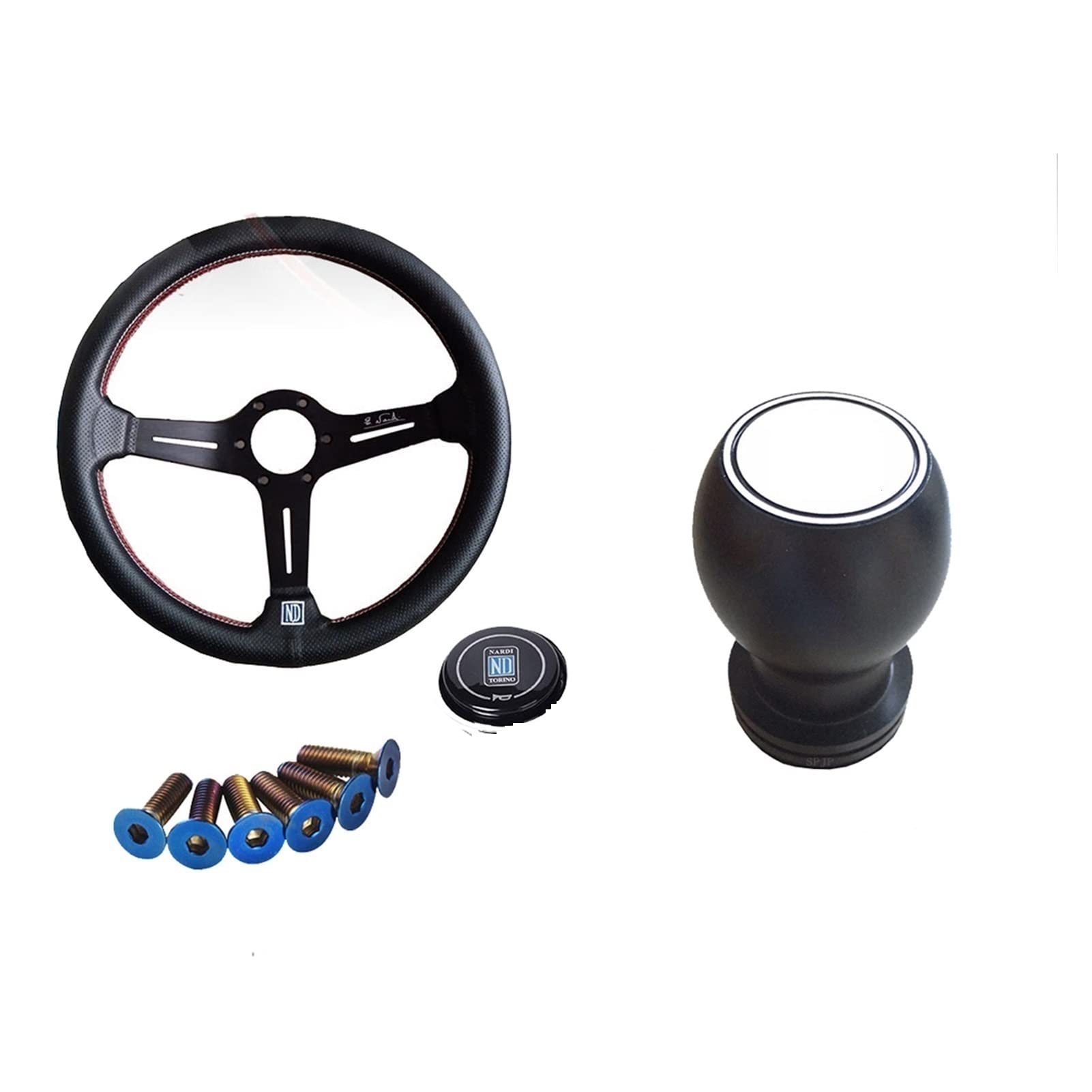 Auto-Lenkrad, Sportlenkrad, universal, 35,6 cm (14 Zoll), Leder, Autorennlenkrad, Drifting-Sportlenkrad + Schaltknauf mit Logo (PVC) von GBSONGJIN