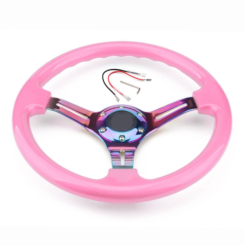 Lenkrad Auto,Sportlenkrad Universal 350mm 14 Zoll klassisches ABS-Auto-Sportlenkrad mit Speichen(Pink) von GBSONGJIN