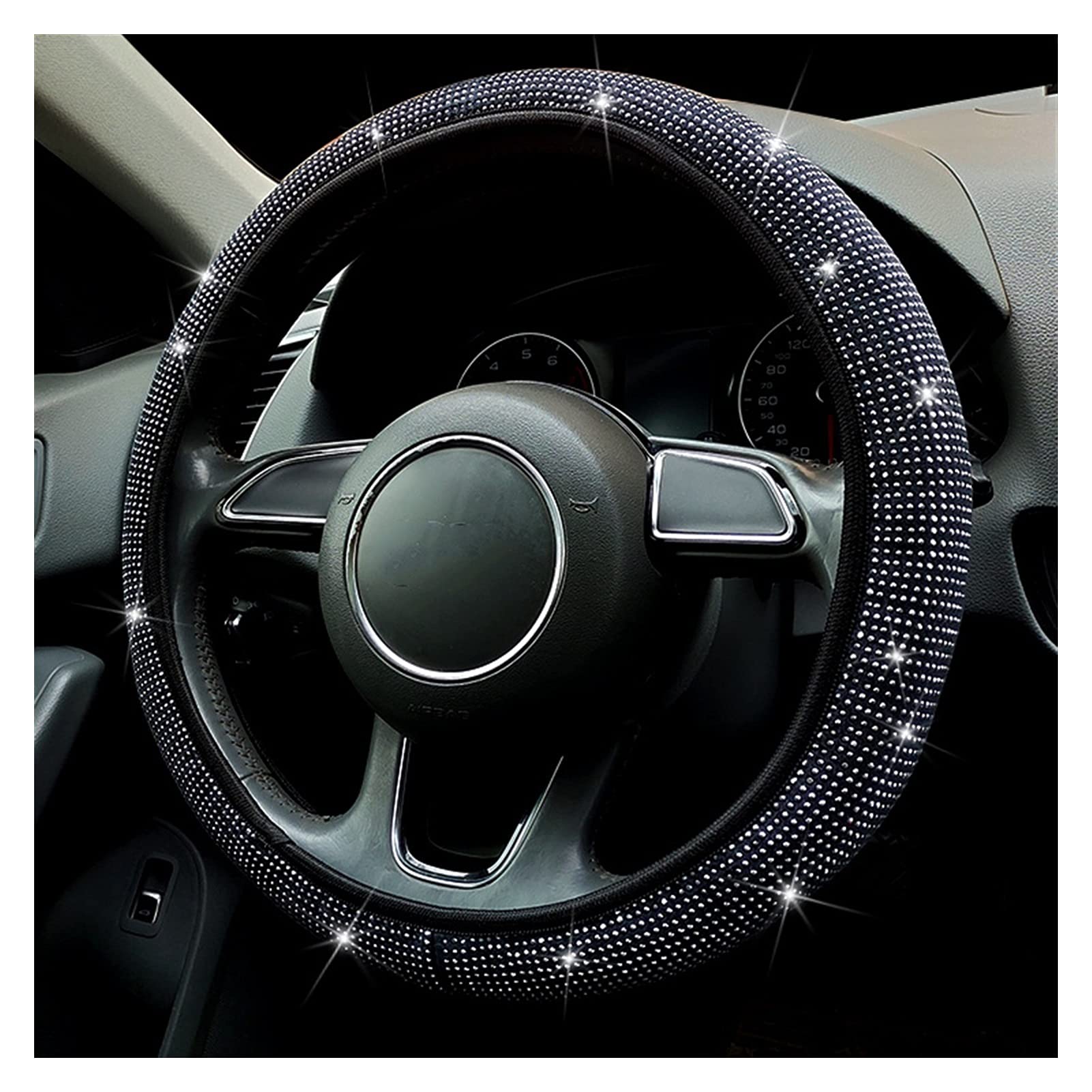 Lenkradbezug,Lenkradbezug Leder Universal Auto Lenkradabdeckung Funken Rhinestonde Dekoration für Frau Mädchen Lenkrad niedlich Autozubehör(White no Ring) von GBSONGJIN