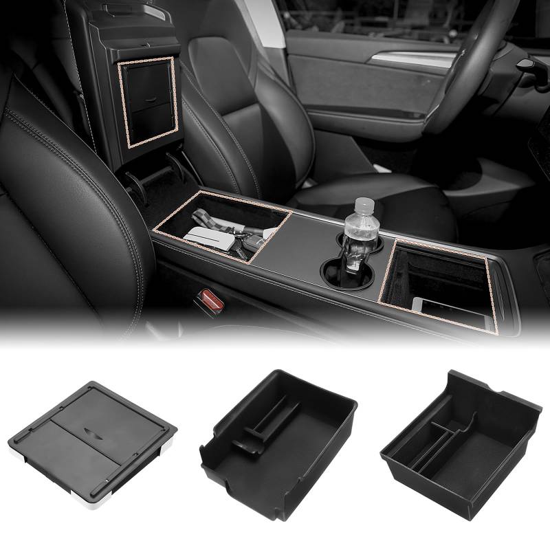 GEARMONSTER Mittelkonsole Organizer Armlehnenablage Zubehör für Tesla Model 3 Model Y 2021-2024 Armlehne Beflockte Aufbewahrungsbox und versteckte Aufbewahrungsbox für Bargeld Telefon Münzen von GEARMONSTER