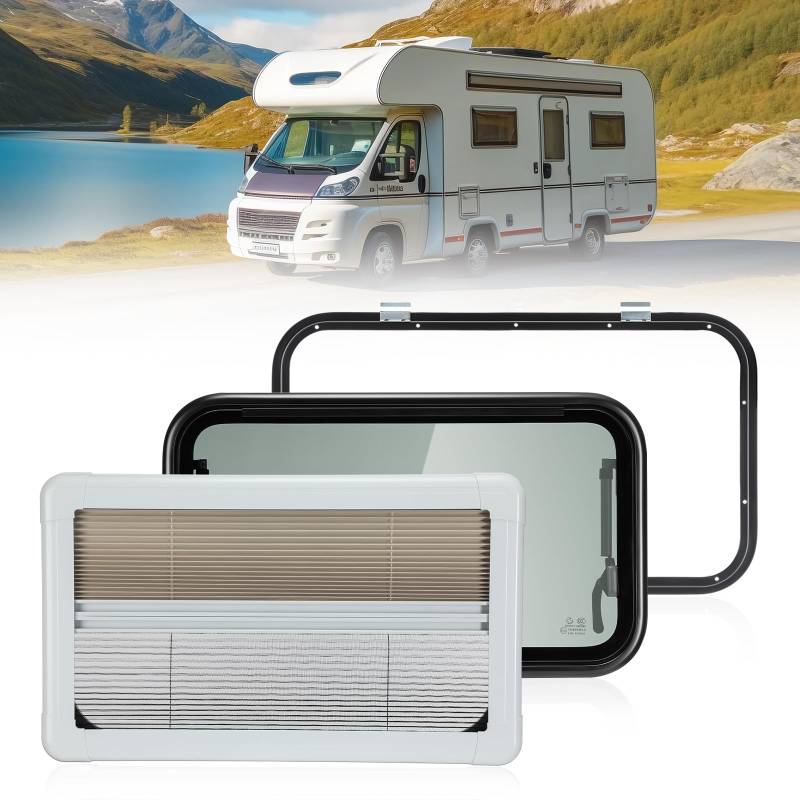 GEARMONSTER Ausstellfenster Wohnmobilfenster 700x400mm Seitenfenster Wohnmobil Fenster mit integriertem Rollo und Fliegengitter RV Externes Push Fenster für Wohnwagen Van Camper von GEARMONSTER