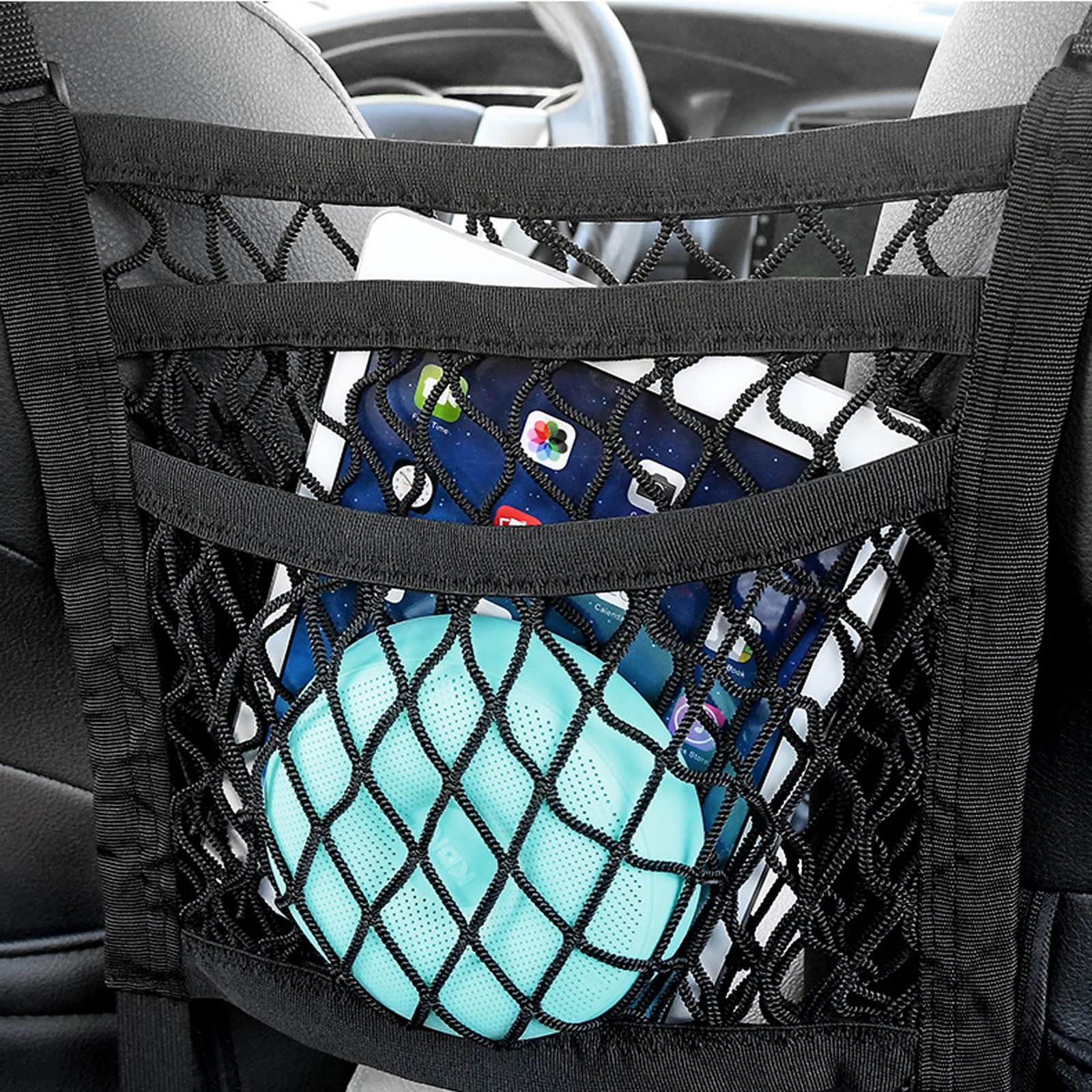 GEFAEJIFO 3 Schichten Autonetz Autositz Aufbewahrungsnetz mit 2 Taschen, Kofferraum Netztasche, mit Haken & Dehnbares Mesh-hindernis, Design zur Vermeidung von Störungen Durch Haustiere/Kinder von GEFAEJIFO