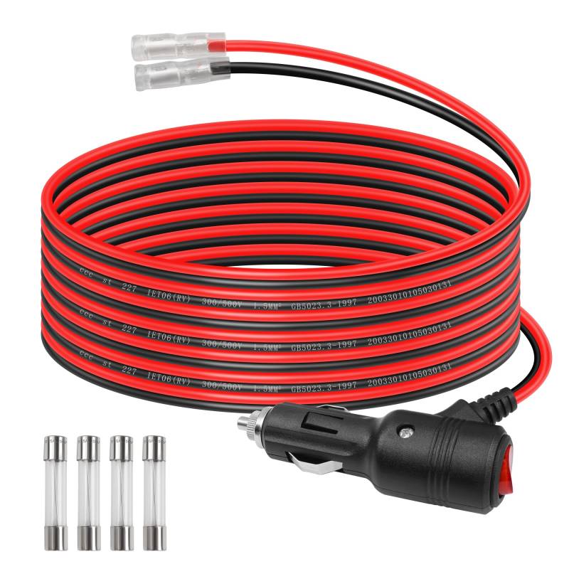 GELRHONR 12 Volt Ersatz-Zigarettenanzünder-Stecker mit Kabeln und LED-Licht, 16 AWG Auto-Zigarettenanzünder-Verlängerungskabel mit Schaltknopf und 15 A Sicherung, robustes Kabel (2 m) von GELRHONR