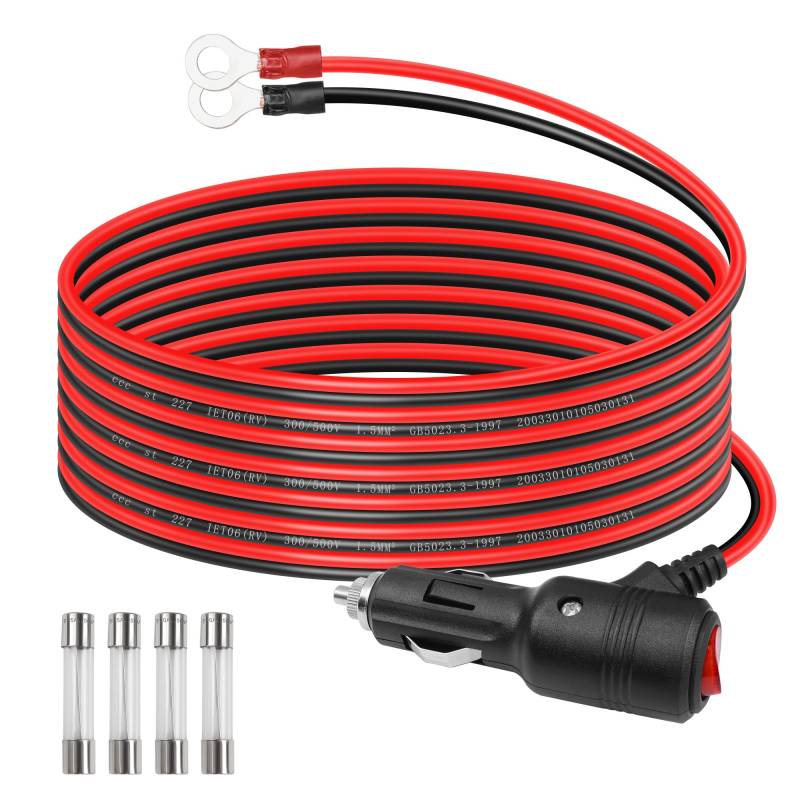 GELRHONR Auto-Zigarettenanzünder-Stecker auf O-Ring-Terminal mit Ein-/Aus-Schalter-Adapterkabel, 12 V-24 V 16 AWG, Auto-Zigarettenanzünder-Verlängerungskabel mit 15 A Sicherung, für von GELRHONR