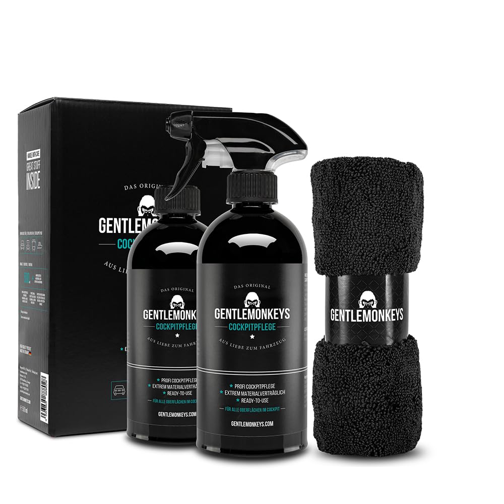GENTLEMONKEYS Auto Cockpitpflege Set (500ml Cockpitreiniger + Microfasertuch + 500ml Nachfüllflasche) • Cockpit Pflege Auto • Innenraumpflege für Glanz & UV-Schutz • Biologisch abbaubar von GENTLEMONKEYS