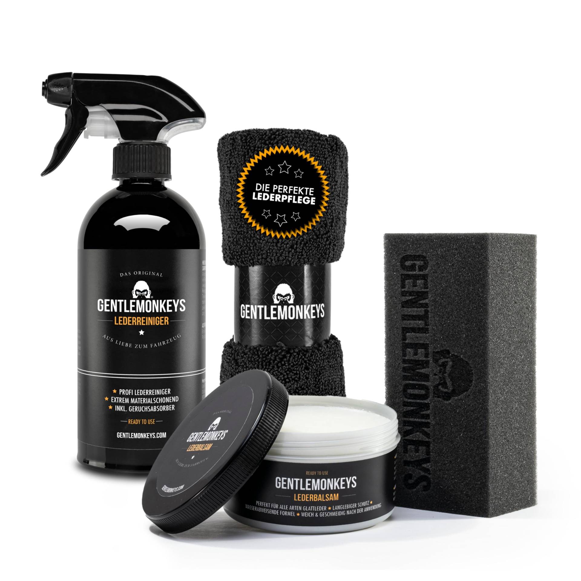 GENTLEMONKEYS Lederpflege Set • Lederreiniger, Lederbalsam & Poliertuch • Für Glattleder, Autositze, Schuhe, Sofa, etc. • Profi Lederreiniger Set mit Lederpflege • Premium Leder Pflegeset GENTLEMONKEYS Lederpflege Set • Lederreiniger, Lederbalsam & Poliertuch • Für Glattleder, Autositze, Schuhe, Sofa, etc. • Profi Lederreiniger Set mit Lederpflege • Premium Leder Pflegeset von GENTLEMONKEYS