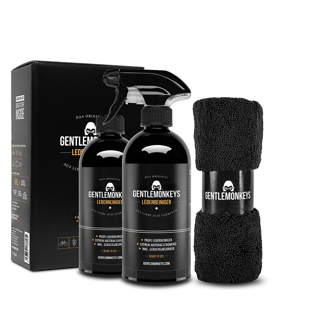 GENTLEMONKEYS Lederreiniger Set (500ml Leder Reiniger + Microfasertuch + 500ml Nachfüllflasche) • Lederpflege Set für Glattlederoberflächen • Extrem materialverträglich und biologisch abbaubar von GENTLEMONKEYS