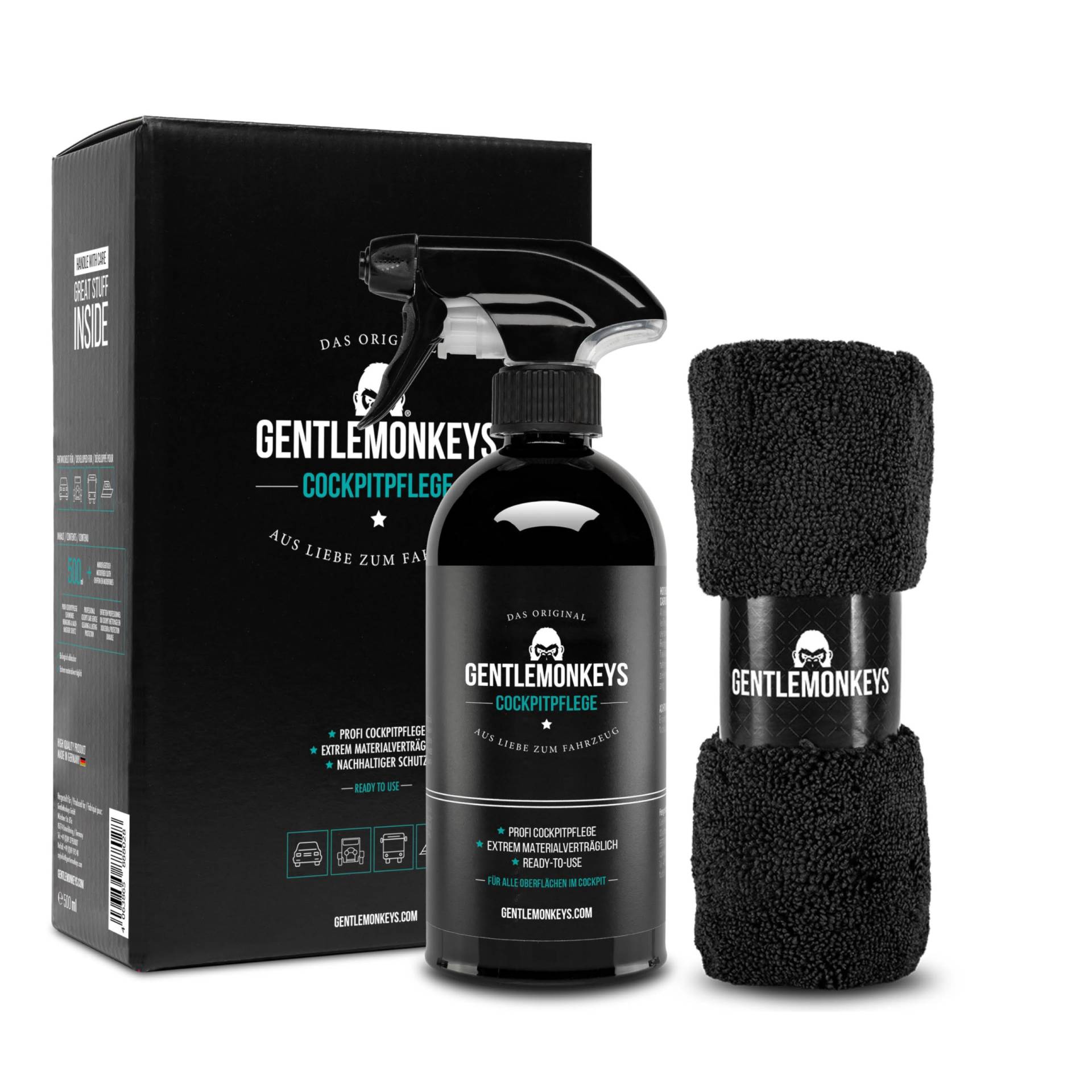 GENTLEMONKEYS Profi Cockpitpflege Auto (500ml) inkl. Mikrofasertuch • Innenraumreiniger für Reinigung & Pflege Aller Kunststoffe & Glattleder • Farbauffrischung & Schutz • Auto Reinigungsset von GENTLEMONKEYS