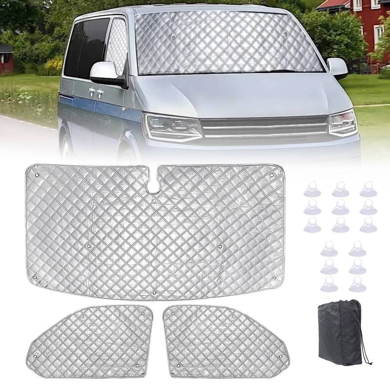 Sonnenschutz Auto Frontscheibe, Wasserdicht UV-Proof Windschutzscheibe Sonnenschutz Kompatibel mit VW T5 T6, 3PCS Thermomatte Fahrerhaus mit Aufbewahrungsbeutel Saugnapf von GHIBFBT