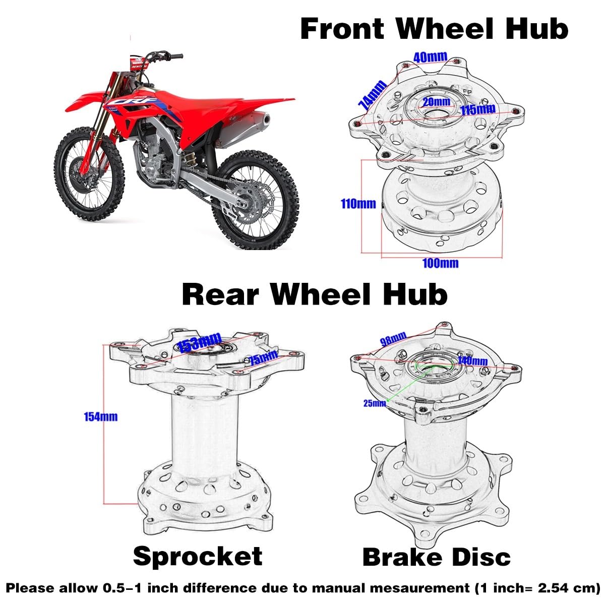 Aluminium Billet Wheel Hub vorne mit CR 125 250 CRF 250R 450R 450X 250X Anpassungen 2002 2003 2004 2005 2005 2006 2007 bis 2017 kompatibel(BLACK REAR) von GHJtRs