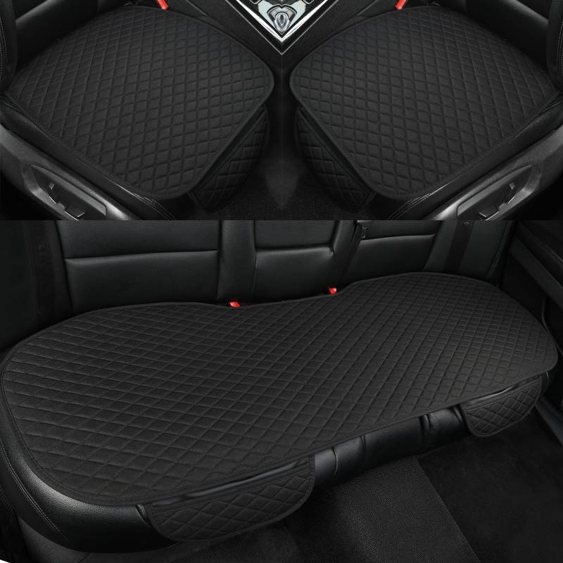 GIANT PANDA 3-teilige Leinen-Autositzbezüge mit Vordersitzpolstern + Rückbankbezug, universell für 90% der Fahrzeuge (SUVs/Limousinen). Bequemes Design für Komfortables Fahren(3-teilig, Schwarz) von GIANT PANDA