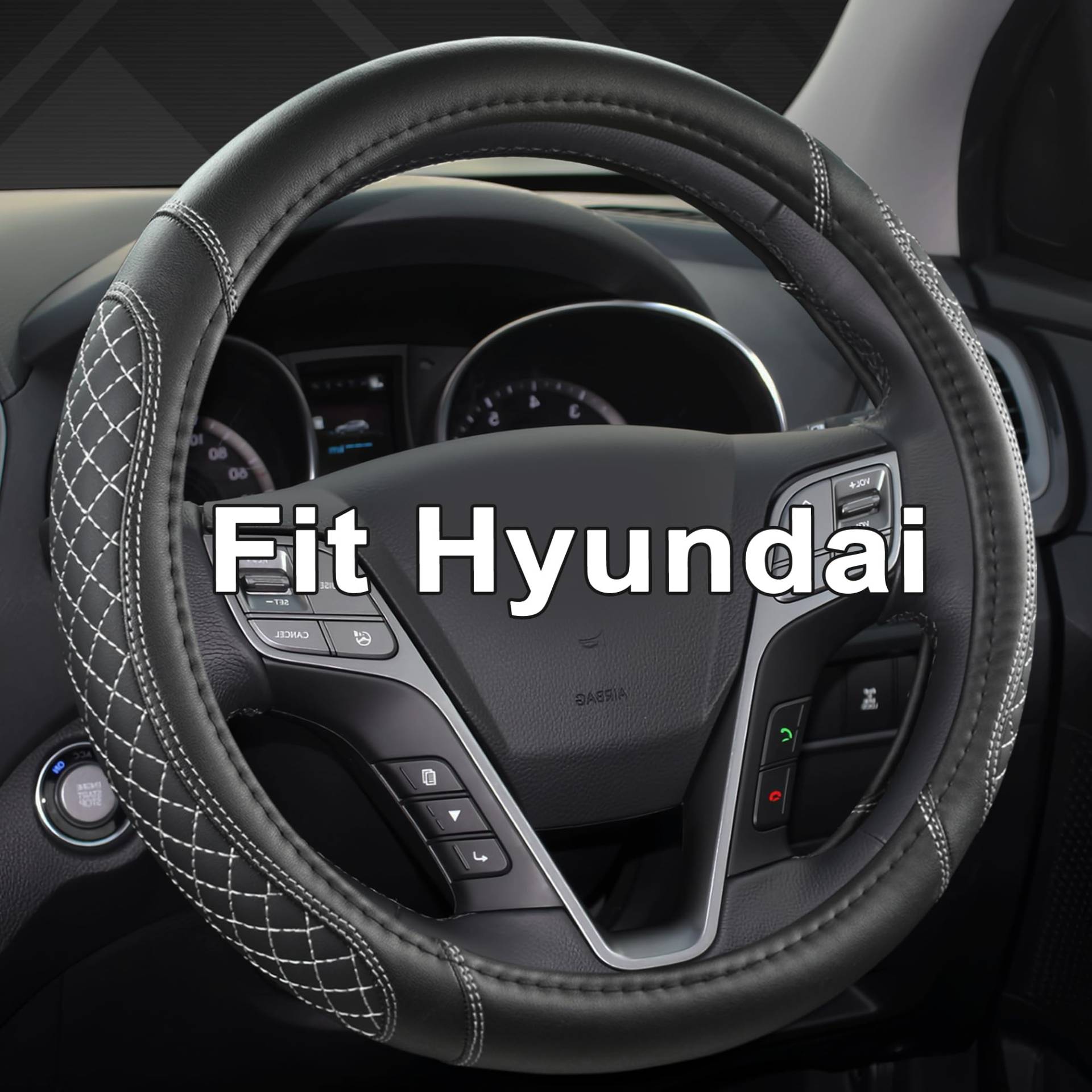 GIANT PANDA Leder Auto Lenkradbezug für Hyundai Tucson,Santa Fe,Kona (Diamantquilt-Schwarz+Grau-M) von GIANT PANDA
