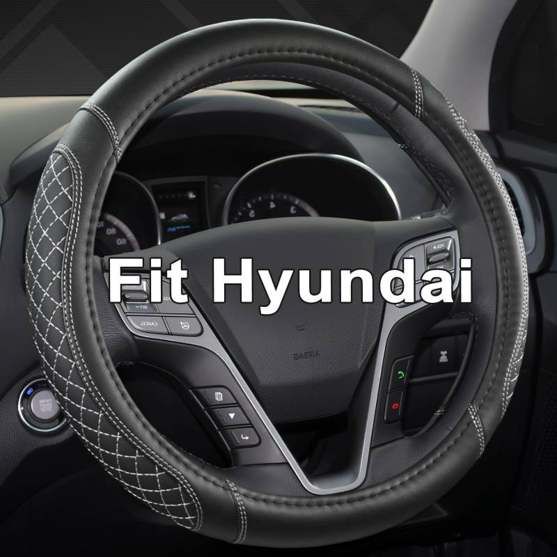 GIANT PANDA Leder Auto Lenkradbezug für Hyundai Tucson,Santa Fe,Kona (Diamantquilt-Schwarz+Grau-M) von GIANT PANDA