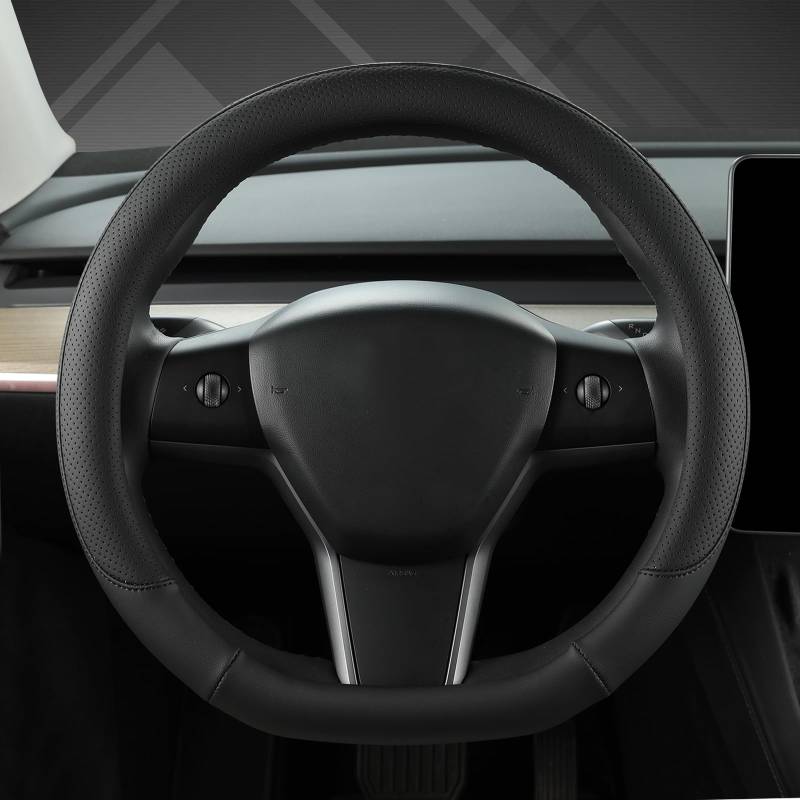 GIANT PANDA Lenkradbezug aus PU-Leder, Kompatibel mit Tesla Tesla Model 3 / Tesla Model Y,D Form-Schwarz von GIANT PANDA