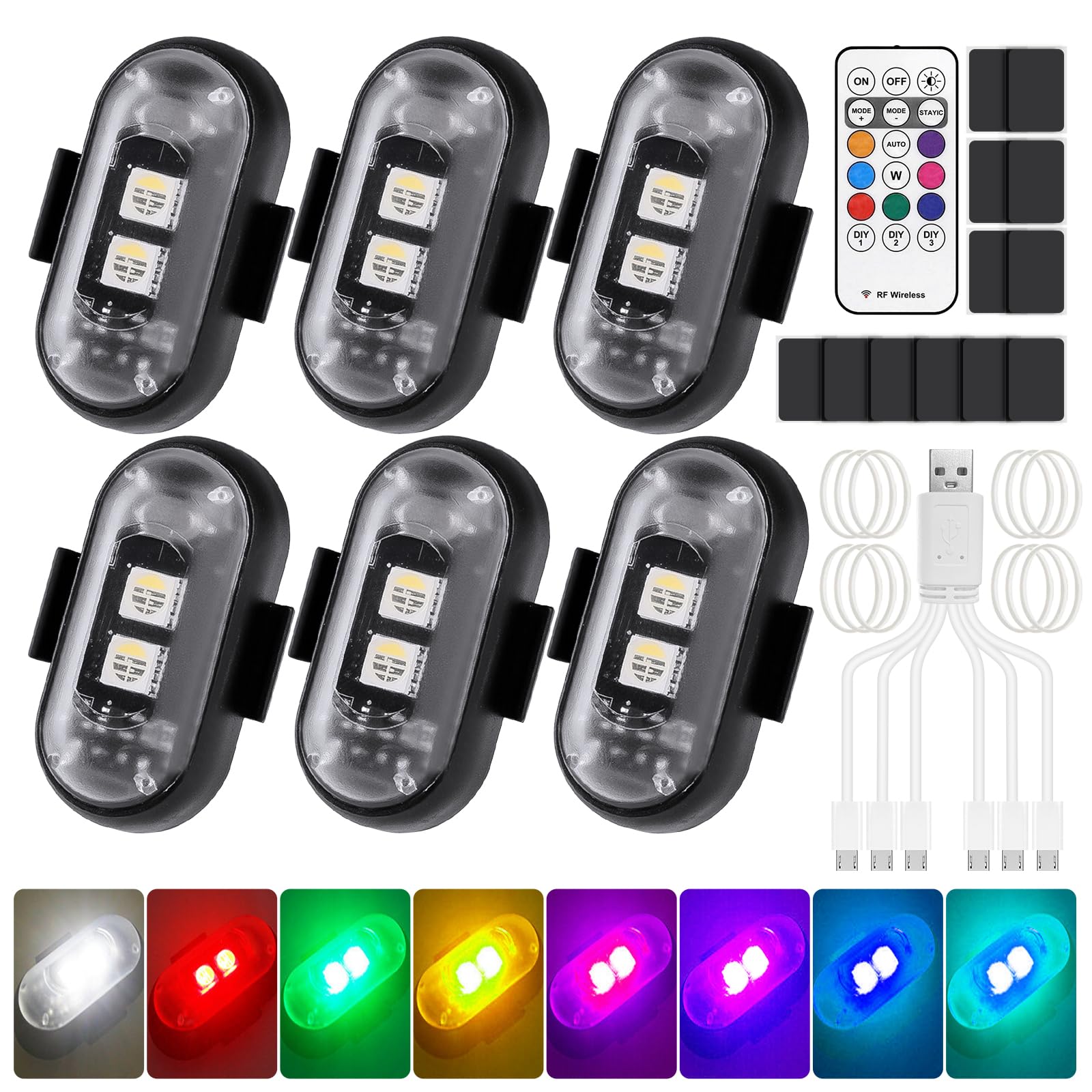 GIBOHOM 6 Stück Kabellose LED Lichter Autos, 8 Farben Wasserdicht Auto Blitzlicht mit Fernbedienung, USB-Aufladung Antikollisionslichter Strobe Drone Light für Motorrad, RC-Auto, Fahrrad, Drohne GIBOHOM 6 Stück Kabellose LED Lichter Autos, 8 Farben Wasserdicht Auto Blitzlicht mit Fernbedienung, USB-Aufladung Antikollisionslichter Strobe Drone Light für Motorrad, RC-Auto, Fahrrad, Drohne von GIBOHOM