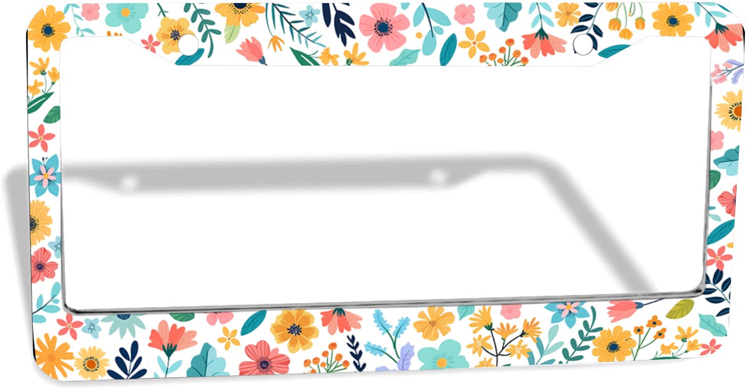 Blumen-Kennzeichenrahmen, schönes buntes Blumen-Design, Autozubehör, Nummernschild-Dekoration vorne und hinten, 2 Löcher Schrauben (weiß) von GIITSRIZ