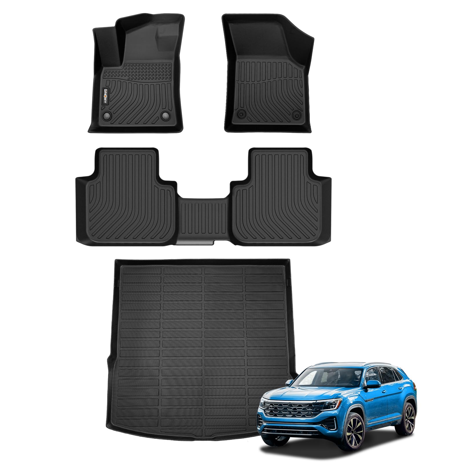 GINOWY® Fußmatten und Kofferraumwanne für Volkswagen Atlas Cross Sport 2020–2024, TPE Allwetter-Fußmatten für VW Atlas Cross Sport, wasserdichte Kofferraummatte, Zubehörmatten von GINOWY