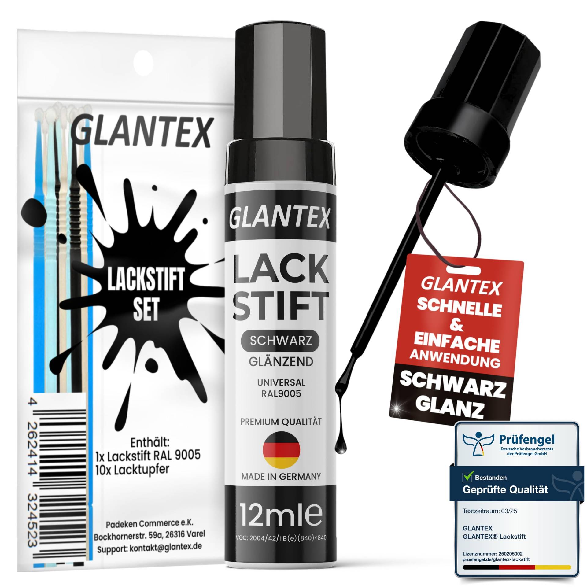 GLANTEX Lackstift Schwarz glänzend [12ml] - Autolack mit hoher Deckkraft & 10 Lacktupfern für präzise Ausbesserungen gegen Kratzer und Steinschläge, für Auto, Felgen - RAL 9005 von GLANTEX