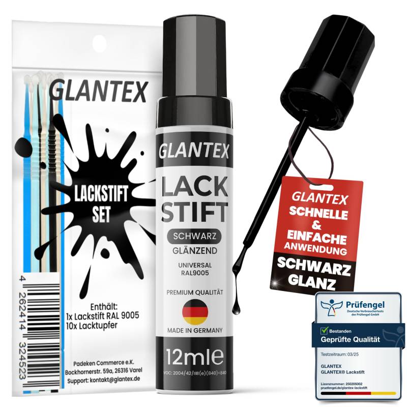 GLANTEX Lackstift Schwarz glänzend 12ml - Hohe Deckkraft für Kratzer & Steinschläge, für Auto, Felgen u.v.m. – Auto Lackstift Schwarz glänzend mit 10 Lacktupfer, Kratzer Entferner Auto schwarz von GLANTEX