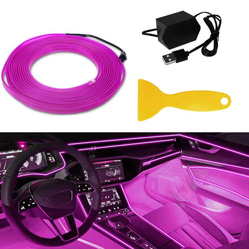 GLL Auto Innenbeleuchtung 5M 16FT EL Draht Lichter mit 6mm Nähen Rand Auto Ambient Atmosphärenbeleuchtung USB EL Draht Lichter (Rosa) von GLL