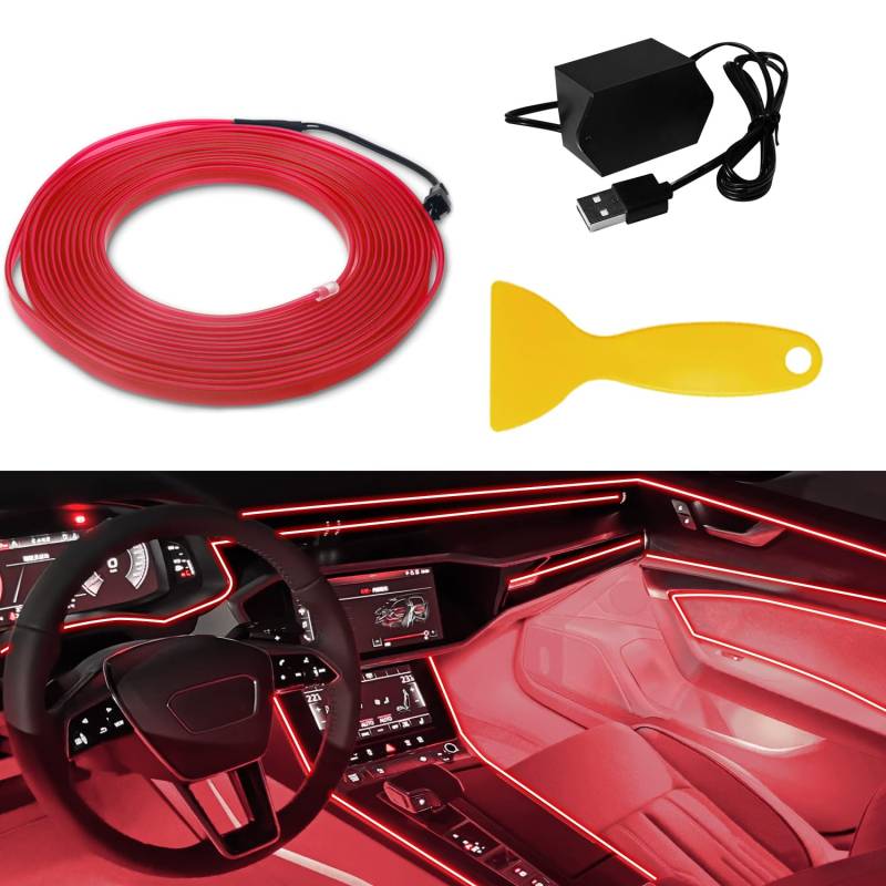 GLL Auto Innenbeleuchtung 5M 16FT EL Draht Lichter mit 6mm Nähen Rand Auto Ambient Atmosphärenbeleuchtung USB EL Draht Lichter (Rot) von GLL