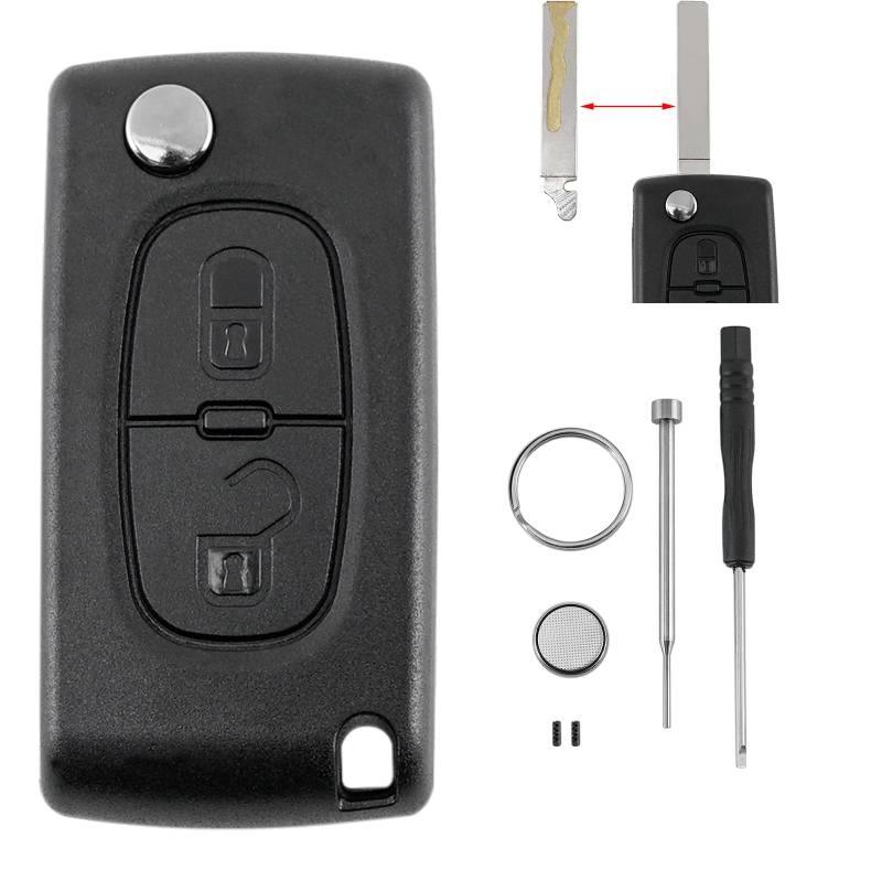 CE0523 2 Tasten Auto Schlüsselgehäuse Für Citroen C3 Picasso C-Crosser C2 C3 C4 Aircross Dispatch C8 Peugeot 308 207 307 807 with VA2 Klinge Batterie CR1620 Pin-Entfernungswerkzeug von GLOUVDEYZ