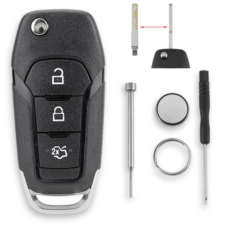 Für Ford Fiesta Focus Galaxy Mustang S-Max KA+ Mondeo Puma Transit/Tourneo Connect Courier Custom 3 Tasten Autoschlüssel Gehäuse mit Batterie CR2032 und Pin-Entfernungswerkzeug von GLOUVDEYZ