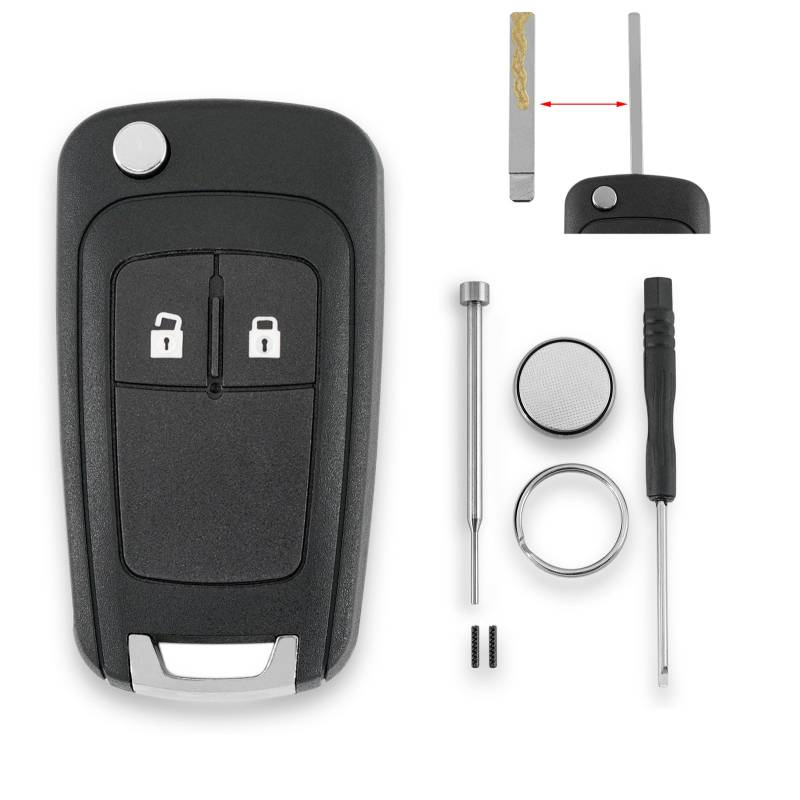 2 Tasten Autoschlüssel Gehäuse für Opel Vauxhall Adam Astra J Cascade Insignia Meriva Mokka Viva Zafira mit Batterie CR2032 und Pin-Entfernungswerkzeug Schraubendreher Schlüsselring von GLOUVDEYZ